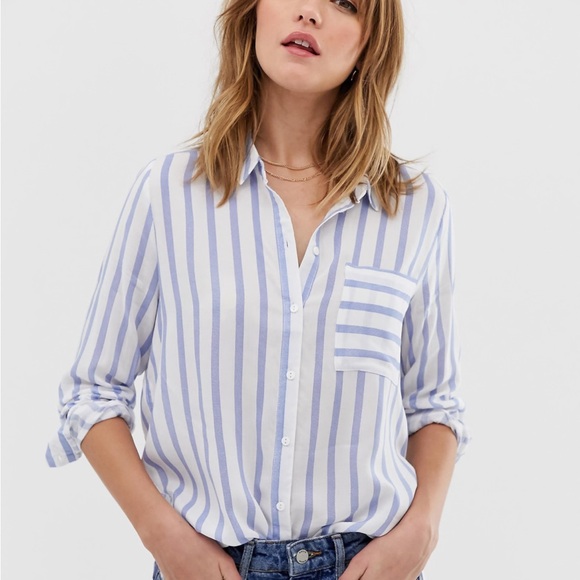 ASOS Striped Blue and White Women's Top with Pocket - Picture 1 of 6